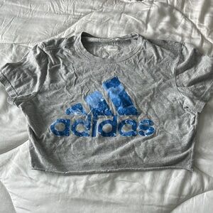 Adidas Cropped Gray Tee with Blue Logo
